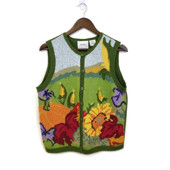 Eagles Eye Jackets & Blazers - In Stitches by Eagles Eye Womens Green Floral Pumpkin Sweater Vest Size M Button